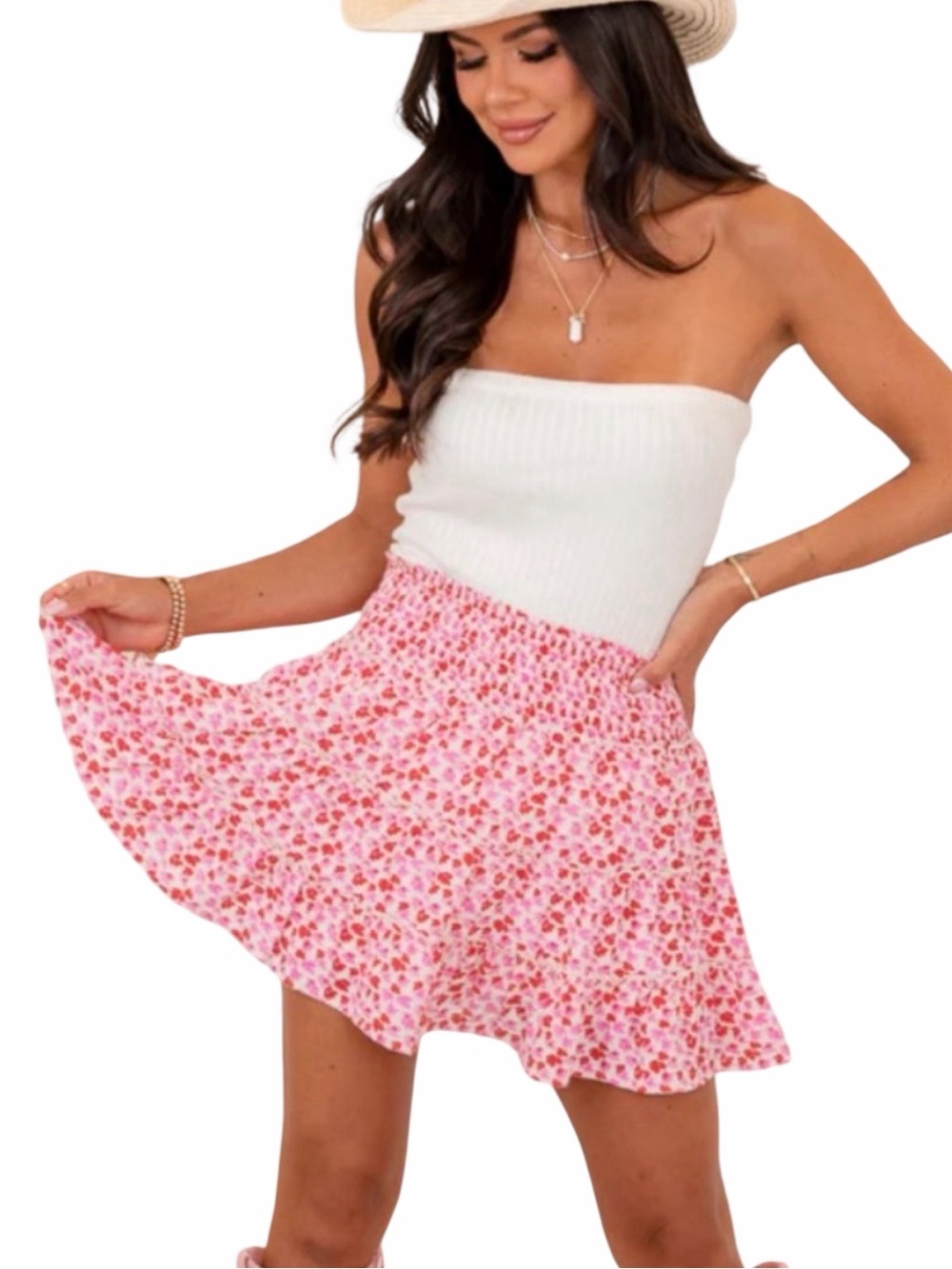 Pink Lily Krista Horton Red & Pink Floral Through the Garden Mini Skort Medium